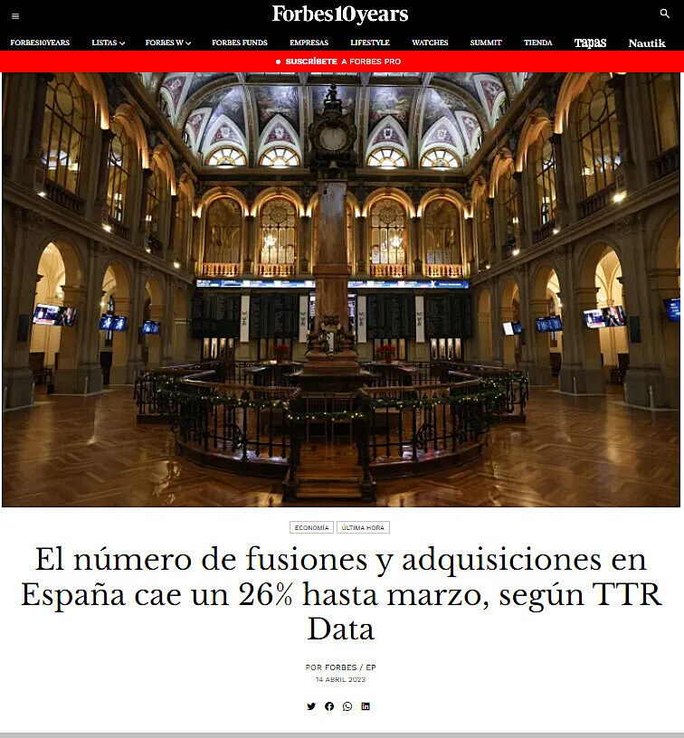 El nmero de fusiones y adquisiciones en Espaa cae un 26% hasta marzo, segn TTR Data